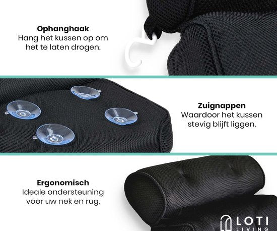 Loti Living Oreiller de bain - Oreiller de bain - Oreiller cervical de bain - Appui-tête de bain - Oreiller de bain avec ventouses - 6 ventouses - Oreiller cervical ergonomique - Antidérapant - Noir