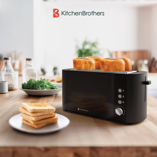 KitchenBrothers Toaster - Grille-pain - 6 niveaux de chaleur - 2 fentes extra-longues - 1520W - Noir