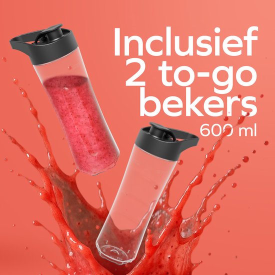 KitchenBrothers Mini Blender - Blender to Go - Smoothie Maker - 2 To-Go Cups 600 ml - acier inoxydable