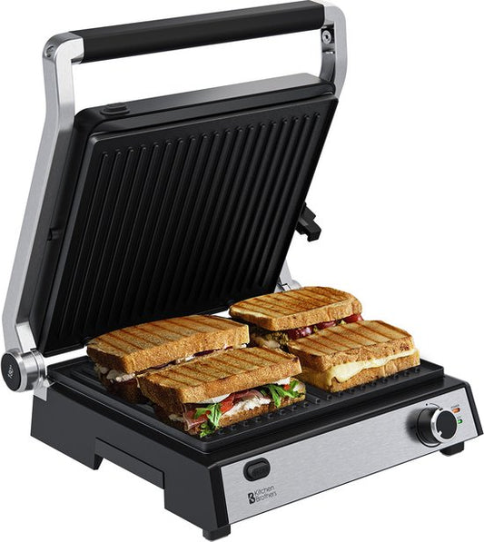 KitchenBrothers Contact Grill Deluxe - Appareil à griller - Plaques de gril amovibles - Gril à panini - 5 réglages de hauteur - 2000W - acier inoxydable