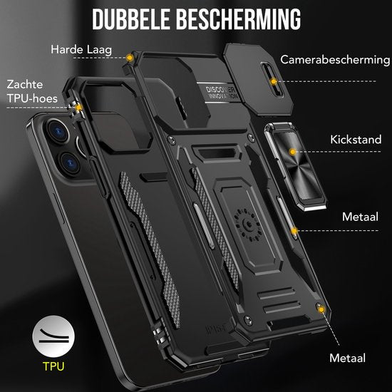 Podec Case suitable for iPhone 15 Pro Black Phone Case - Anti-Shock Case Cover Hybrid Armor Case with Kickstand Ring with Screen Protector