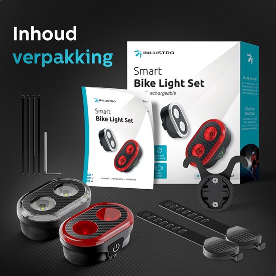 Inlustro Smart Bicycle Light Set - Feu arrière avec capteur de freinage / montage sur la selle - Feux de vélo LED rouge et blanc - Feu avant de vélo - rechargeable par USB / étanche