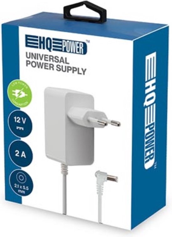 HQ-Power Adaptateur d'alimentation universel, pour équipement informatique, 12 VDC, 2 A, 24 W, fiche DC 5,5 x 2,1 mm, blanc