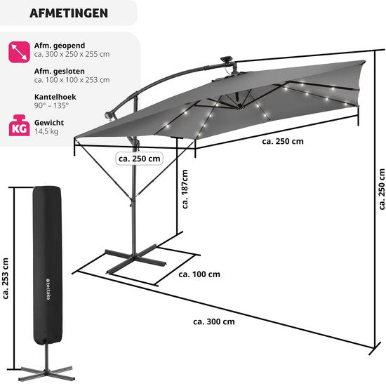 tectake® Parasol rectangulaire - Avec éclairage solaire LED - Housse de protection incluse - Parasol flottant - Protection solaire terrasse, jardin - Parasol de balcon - Grand parasol - 250x300cm - Gris