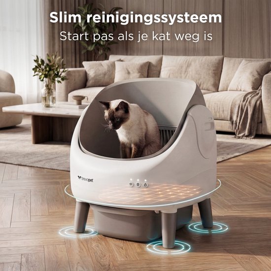 TrevoPet® Air - Bac à litière automatique avec application - autonettoyant et sûr - pour chats jusqu'à 12 kg - tapis, 60 sacs à déchets et accessoires inclus - poubelle de 10 litres - blanc et gris