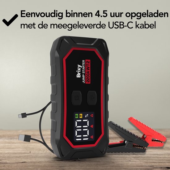 Brixy Jumpstarter pour voiture - 2200A / 16,000 mAH - Aide au démarrage 4-en-1 - Lampe de poche LED, Lumière d'urgence SOS et Powerbank - Rouge/Noir