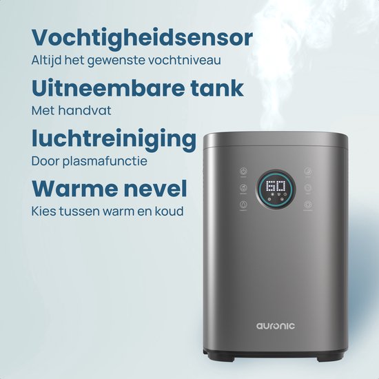 Auronic Humidificateur - 4 litres - 40m2 - Convient au salon, au bureau, à la chambre à coucher, à la chambre de bébé et plus encore - Avec aromathérapie - Sans BPA - Gris