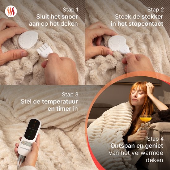 Seranova Couverture électrique XXL - Fils chauffants supplémentaires - Modèle rayé - 180x160 cm - Couverture chauffante pour 2 personnes - Polaire double face - Beige