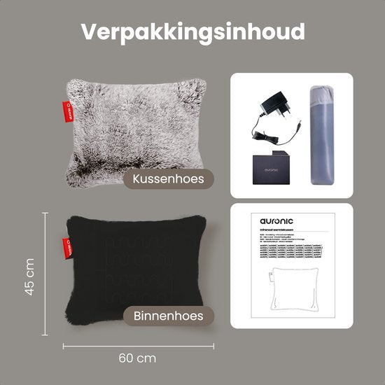 Auronic Heat Pillow - Teddy - 45x60 - Sans fil - Rechargeable - Oreiller électrique - Infrarouge - Gris