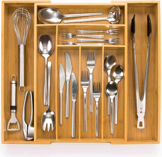 Budu Plateau à couverts extensible en bambou #45 (45 cm de profondeur) - Cassette à couverts en bois - Tiroir à couverts - 45 x 30.6 - 50 cm - 6/8 compartiments