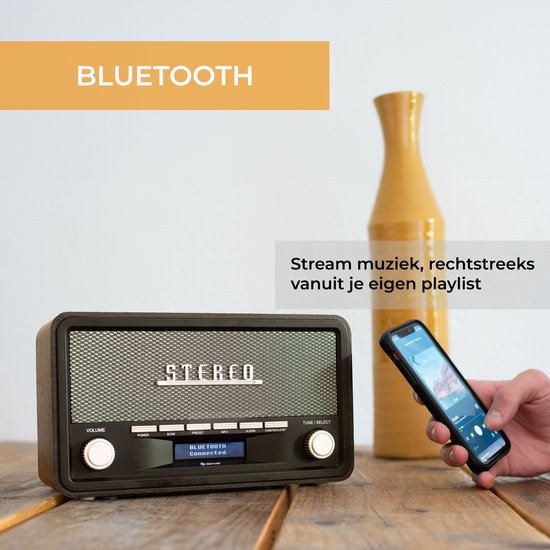Denver DAB Radio - Retro Radio - Bluetooth - DAB+/ FM - Dimmable - Batteries et secteur - DAB18DG