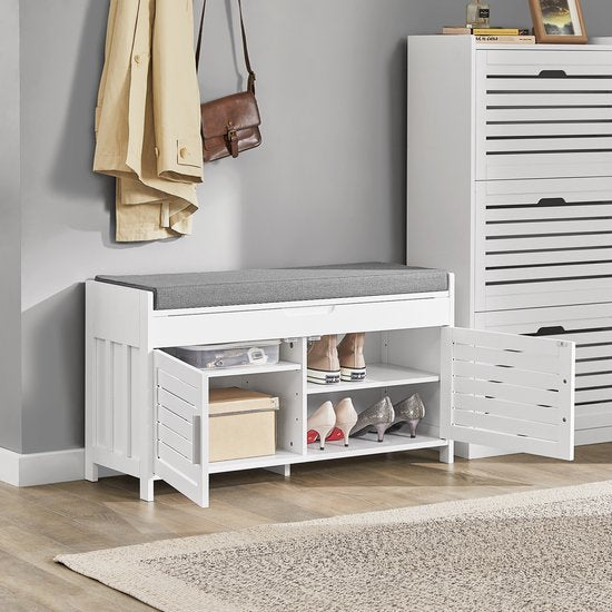 SoBuy FSR102-W Meuble de rangement - Meuble à chaussures blanc avec banc et 2 portes