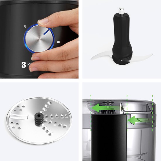 KitchenBrothers Robot de cuisine - Hachoir - Coupe-légumes - Modèle multifonction 5-en-1 - Robot de cuisine compact 0.5L - Coupe-oignon - Noir