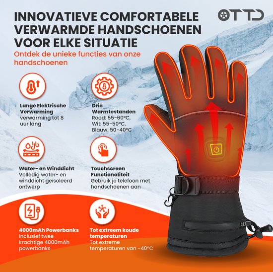 TTD® Gants chauffants rechargeables - Taille XL - Gants électriques chauffants - Moufles chauffantes - Gants chauffants à piles pour hommes et femmes - Unisexe