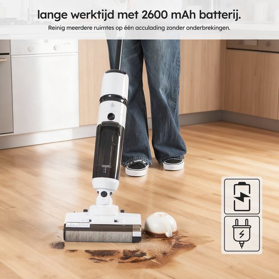 Saaf Floor Cleaner M200 - Batterie 45 min - Balai électrique - Balai à franges avec fonction balayage - Station d'affichage et de nettoyage - Stérilisation à l'eau - Blanc