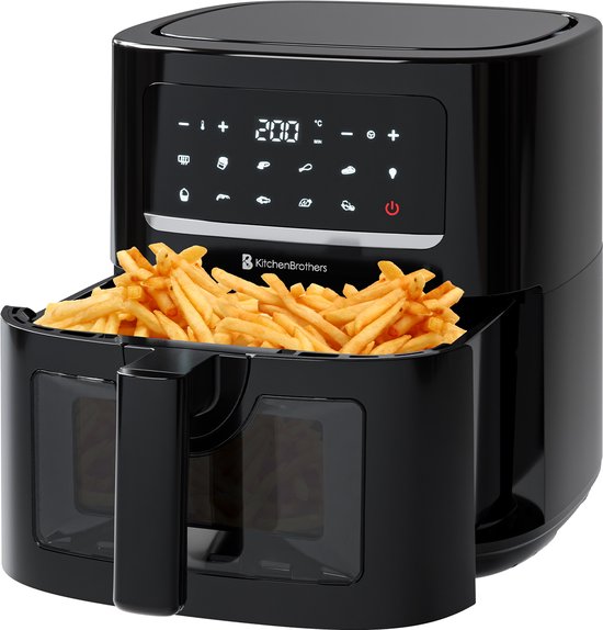 KitchenBrothers Airfryer XL - 6L - 1600W - Friteuse à air chaud - 50ºC à 200ºC - 10 programmes de cuisson - Noir