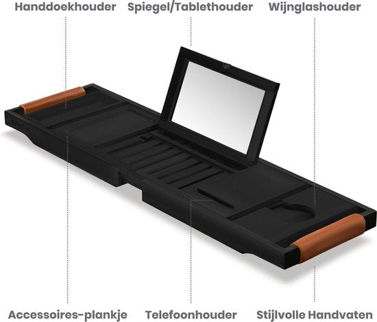 RelaxTub® Bathboard - Planche de bain pour la baignoire - Support de bain - Réglable - Antidérapant - Planche de bain noire - Planche de bain en bois - Support de bain avec porte-livre, porte-tablette et miroir