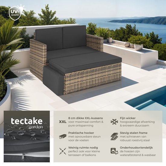 tectake® Canapé de salon en osier - Avec ottoman - Pour 2 personnes - Canapé de salon avec coussins d'assise et de dossier - Résistant aux intempéries - Idéal pour terrasse, jardin d'hiver et balcon - Dimensions canapé (LxLxH) 119 x 64,5 x 71,5 cm - Natur