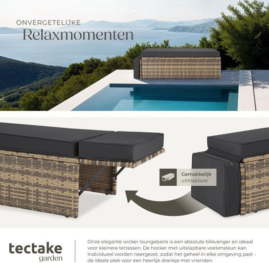 tectake® Canapé de salon en osier - Avec ottoman - Pour 2 personnes - Canapé de salon avec coussins d'assise et de dossier - Résistant aux intempéries - Idéal pour terrasse, jardin d'hiver et balcon - Dimensions canapé (LxLxH) 119 x 64,5 x 71,5 cm - Natur