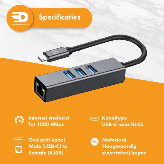 Drivv. Adaptateur USB C vers Ethernet avec 3 ports USB 3.0 - 100/1000 MBps - Adaptateur Internet - Adaptateur réseau