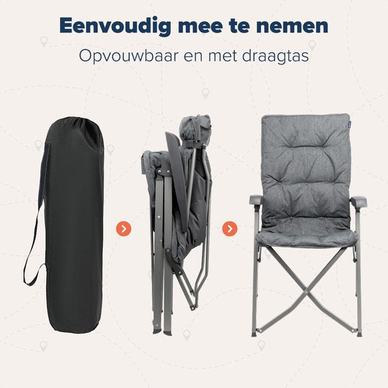 TRVLMORE Chaise de camping - Sac de transport inclus - Chaise pliante confortable - Capacité de charge de 150 kg - Chaise de camping - Rangement - Chaise pliante - Gris
