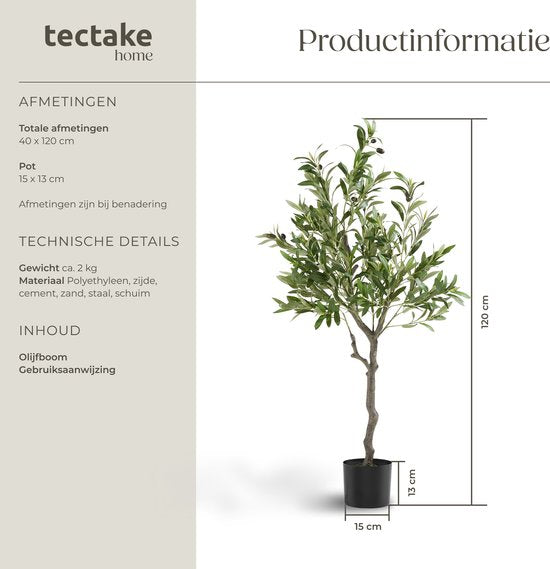 tectake® Olivier artificiel Oleand - Plante artificielle méditerranéenne avec feuilles et olives réalistes - Facile d'entretien et polyvalent - Pot de fleurs robuste inclus - Hauteur : 120 cm