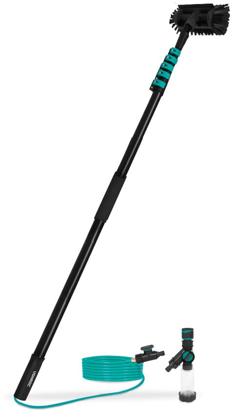 VONROC Brosse de lavage télescopique hybride - Aluminium/3K Full Carbon - 7,5 mètres - Tête de brosse à 5 niveaux, tuyau d'arrosage de 11 m et distributeur de savon inclus.