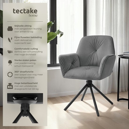 tectake® Chaise pivotante Lenia - Lot de 2 chaises pivotantes avec accoudoir - Chaise de salle à manger pivotante - Fauteuils pivotants - Tapissés - aspect velours Anthracite/Noir