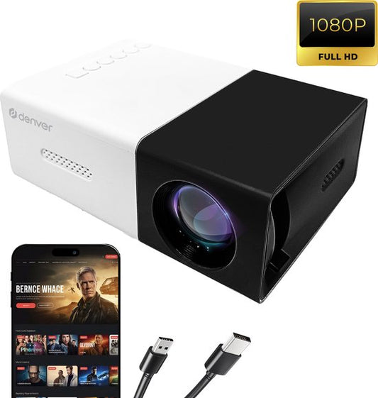 Mini vidéo-projecteur Denver Full HD - Streaming depuis votre téléphone (USB-C) - Mini projecteur - Télécommande incluse - HDMI/AUX/USB-C - PR800 - noir