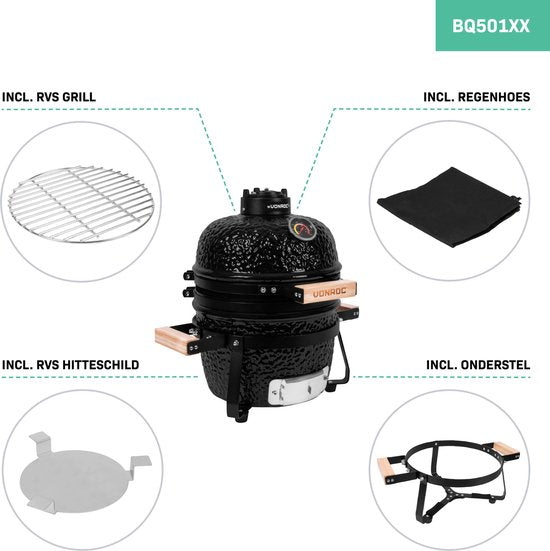 VONROC - BBQ - Kamado - 13" - Avec couvercle de protection, plateau et base - Barbecue au charbon de bois - Céramique