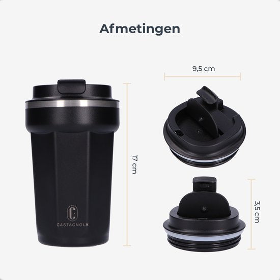 Castagnola Thermos Cup - Coffee Mug To Go - Travel Mug for Coffee and Tea - Tea Mug - 380 ML - Stainless Steel - Black - Octagon