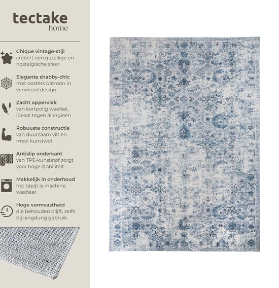 tectake® Tapis au design vintage - Tapis à poils ras - Tapis Boho - Pour le salon, la chambre à coucher, la chambre d'enfant ou d'adolescent - Lavable - 240cm x 340cm - bleu