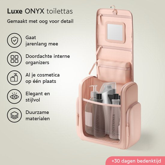 ONYX Trousse de toilette rose - Trousse de maquillage - Organisateur de cosmétiques - Organisateurs internes - Miroir de maquillage - Suspendable - Femmes et hommes - Taille : L