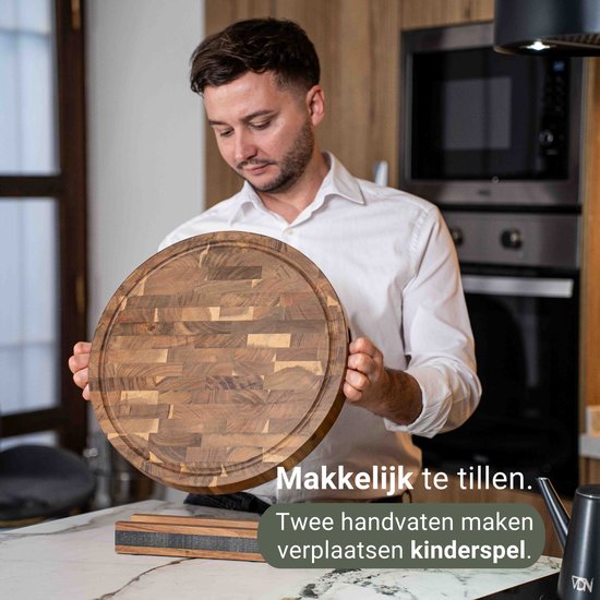 VDN Professional Cutting Board Round Acacia Wood with Juice Trench and Handles - Anti-slip Chopping Board with Holder Set - Chopping Block Headwood Ø 38 x 3.8 CM