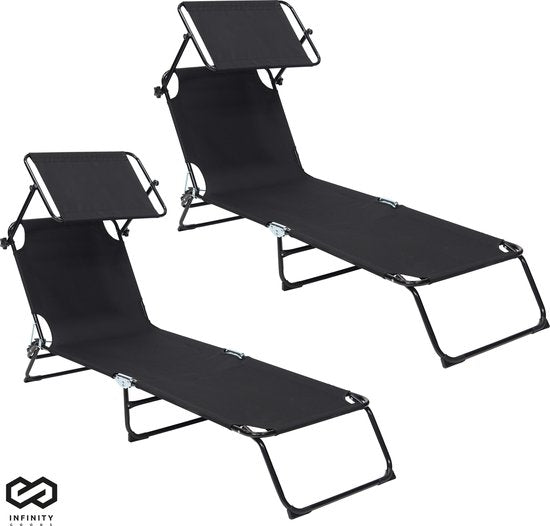 Infinity Goods Ligbed Met Zonnescherm - Opvouwbaar - Set van 2 - Zonnebed - Ligstoel - Verstelbaar - Tuin - Weerbestendig - Zwart