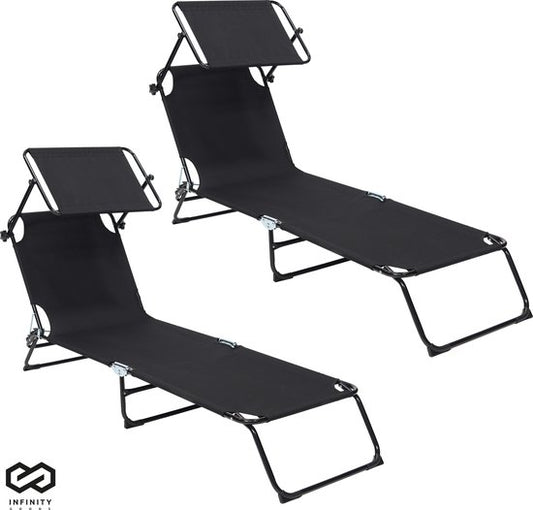 Infinity Goods Ligbed Met Zonnescherm - Opvouwbaar - Set van 2 - Zonnebed - Ligstoel - Verstelbaar - Tuin - Weerbestendig - Zwart
