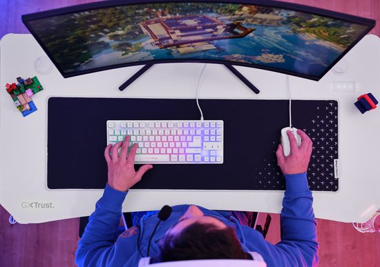 Trust GXT 709W Luminus Gaming Desk - Eclairage RGB - Porte-gobelet - Porte-casque - Blanc