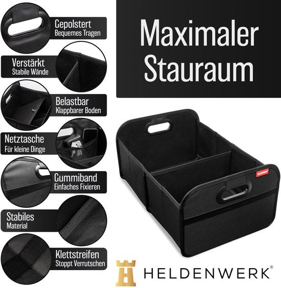 HELDENWERK sac de coffre pliable et stable - sac de rangement de coffre pour un rangement pratique - coffre de voiture pliable, coffre de coffre (noir)