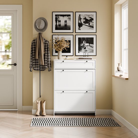 SoBuy - Meuble à chaussures avec 1 tiroir - 80 x 19 x 107 cm & avec 2 portes basculantes - équipé d'un système anti-basculement et de pieds en silicone - pour les couloirs et entrées étroits - Mdf blanc