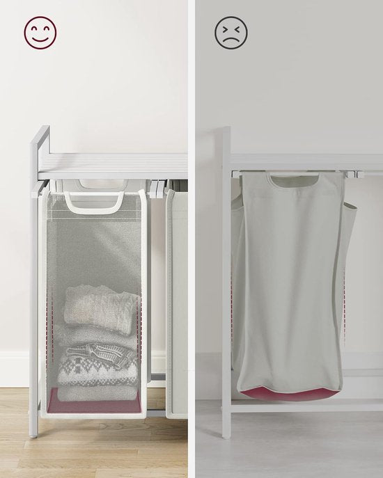 VASAGLE - Panier à linge, panier à linge sale, avec 3 compartiments et 3 poches amovibles en tissu Oxford, plan de travail, cadre métallique - 3 x 38 litres, 92,5 x 33 x 72 cm, blanc BLH301W01