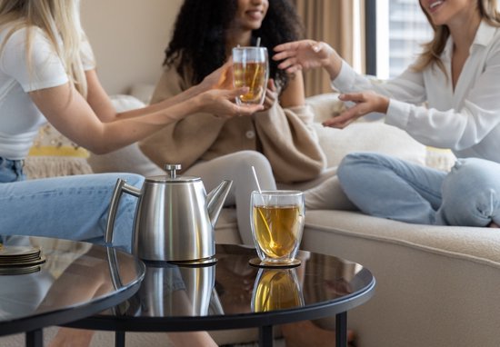 Vaja® Théière Camille Silver - Double paroi - 1 litre - Théière en acier inoxydable avec filtre et chauffe-plat