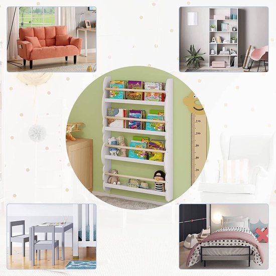 Support mural de livres pour enfants Woltu 98x60x14,5 cm Vert ou blanc avec aspect chêne - Support de rangement Montessori pour chambre d'enfant