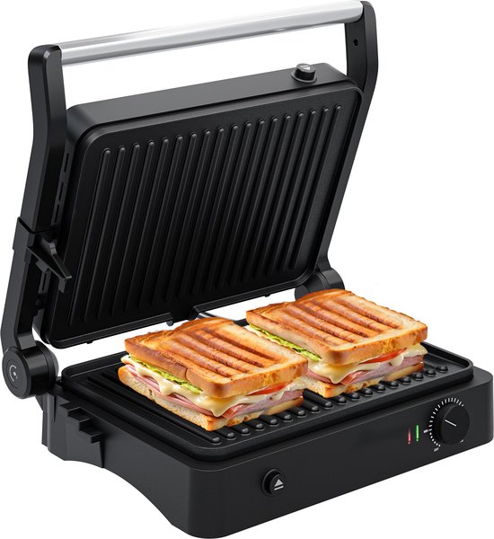 KitchenBrothers Contact Grill - Appareil à griller - Plaques de gril amovibles - Gril à panini - 3 réglages de hauteur - Fer à toasti - 2000W - acier inoxydable