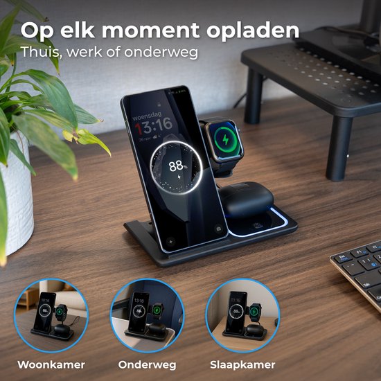 Nuvance Wireless Charger - 3 en 1 - 15W - Station de charge - Chargeur rapide - Chargeur sans fil - pour Smartphone, Smartwatch et écouteurs