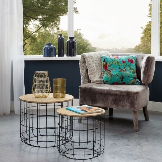 LIFA LIVING Table d'appoint moderne - Lot de 2 - Noir - Métal et bois - Rond - Plateau amovible - Panier de rangement - Stable