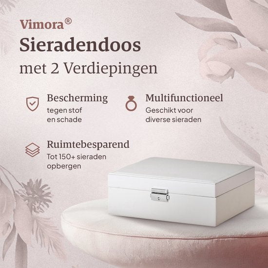 Vimora Boîte à bijoux avec étage supplémentaire - Blanc - Boîte à bijoux - Boîte à bijoux - Pour adultes, filles, hommes et femmes - Convient aux colliers, boucles d'oreilles, bracelets et bagues