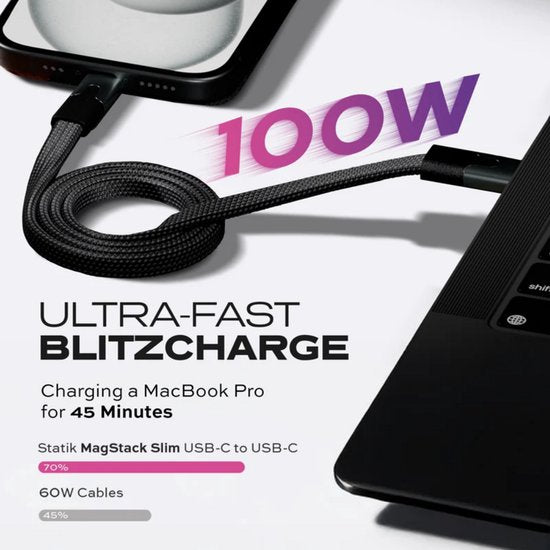 Câble de charge MagStack Slim Pro - 2m- noir - USB-C vers USB-C - Tressé nylon - 100W