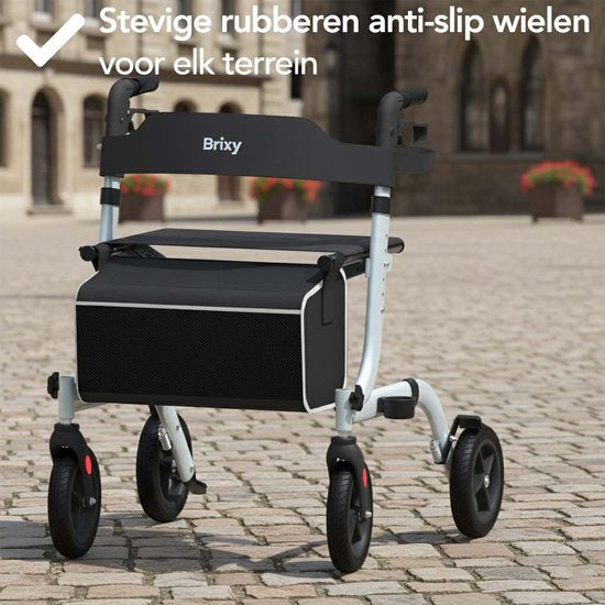 Rollator Brixy - Léger et pliable - Fonction siège - Dossier, sac et support de canne - Gris