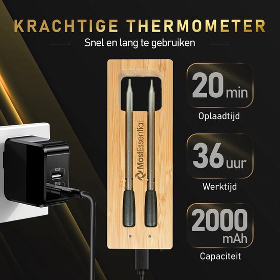 MostEssential Thermomètre à viande intelligent - sans fil - portée de 80 m - autonomie de 36 heures - Bluetooth 5.2 - batterie 2000mAh - édition double sonde