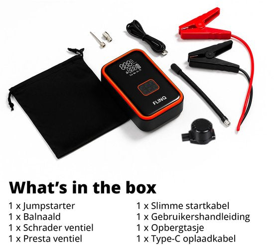 FlinQ 12V Jumpstarter for Car & Motorbike - 4-in-1 Air Compressor, LED Flashlight, SOS Emergency Light & Powerbank - Electric Tyre Pump - Starting Aid - Including Storage Bag